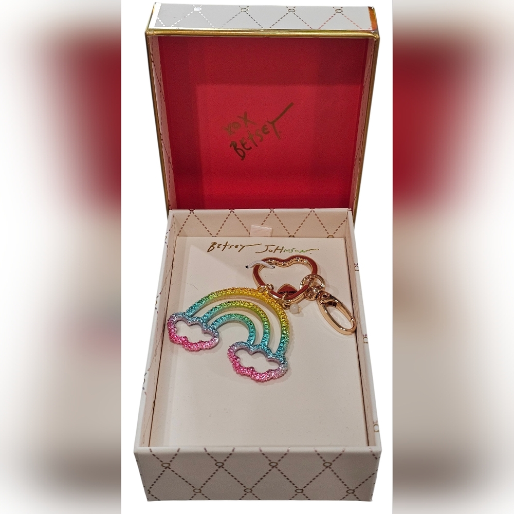 Betsey Johnson Glitter Rainbow Cloud Keychain Charm with Gold Hardware, New - Picture 2 of 3